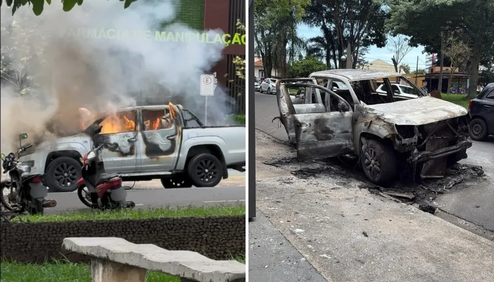 Caminhonete é destruída por incêndio na Avenida Campos Sales, em Americana