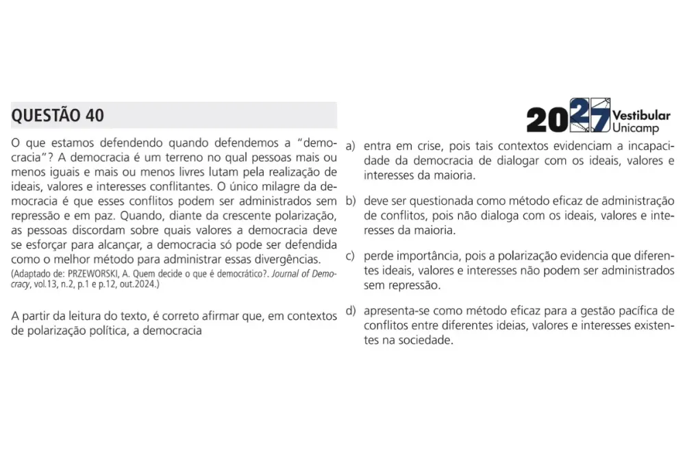 Vestibular da Unicamp 2027 inclui questão sobre democracia e polarização política