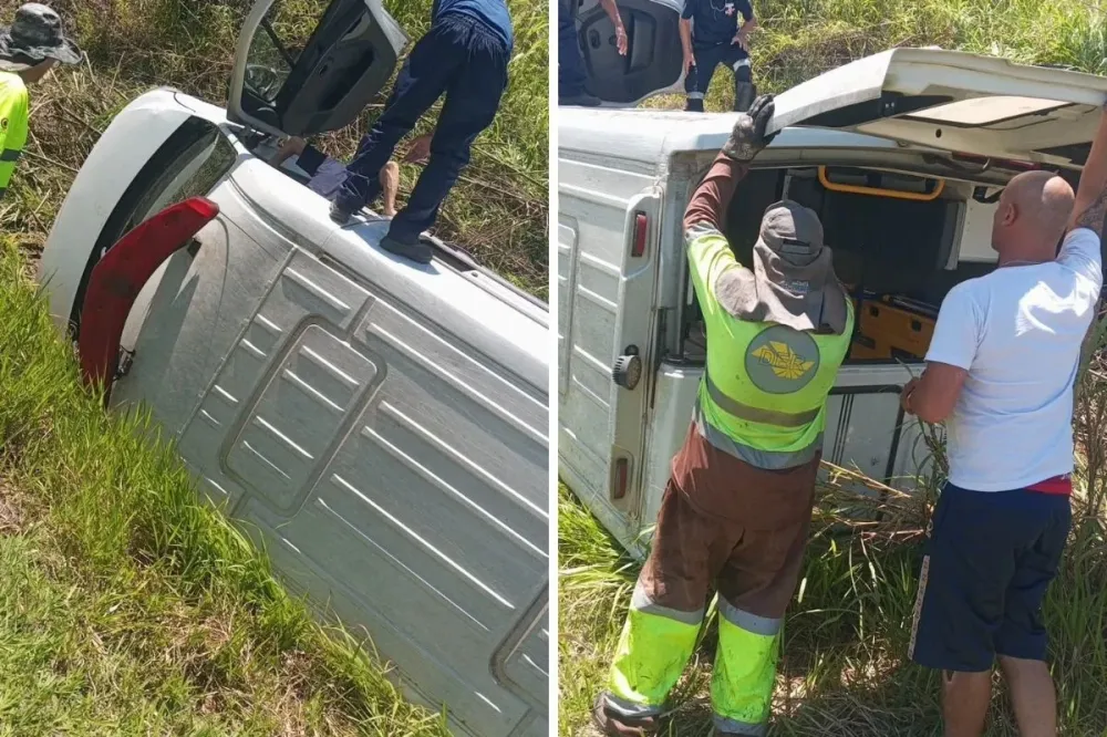 Ambulância tomba na Rodovia João Beira e deixa motorista e paciente feridos em Amparo